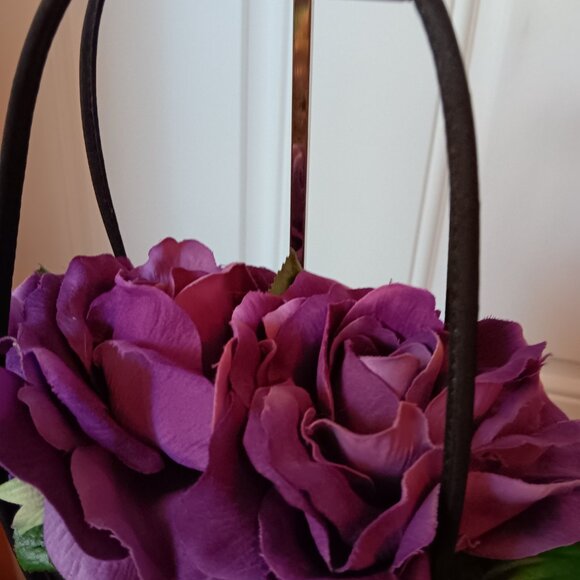 Women's Black  Bucket Bag with Purple Fabric Flowers on Top - Picture 2 of 14